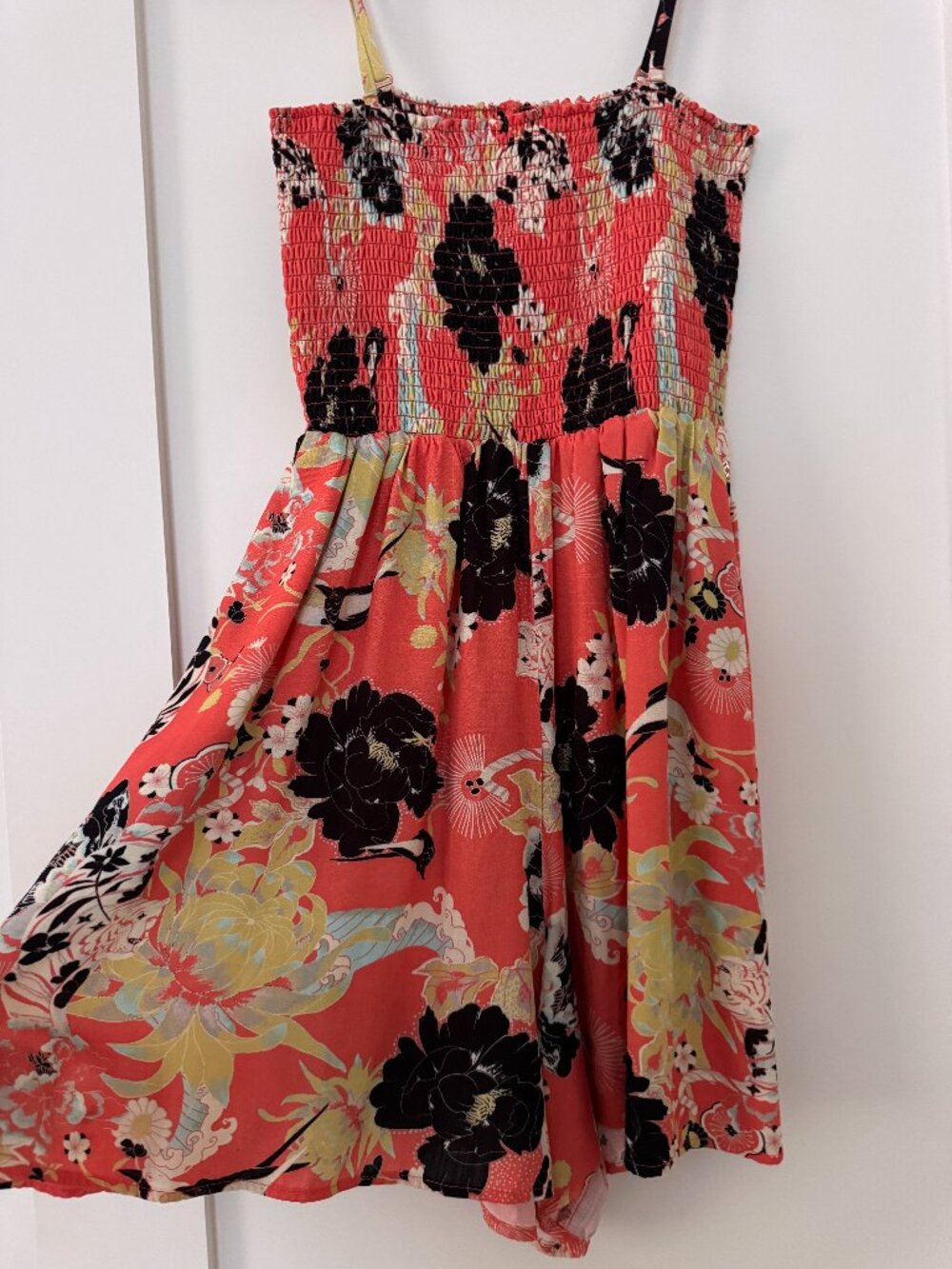 Maaji Floral Japanese Print Smocked Romper — Size M | Coral | Pockets